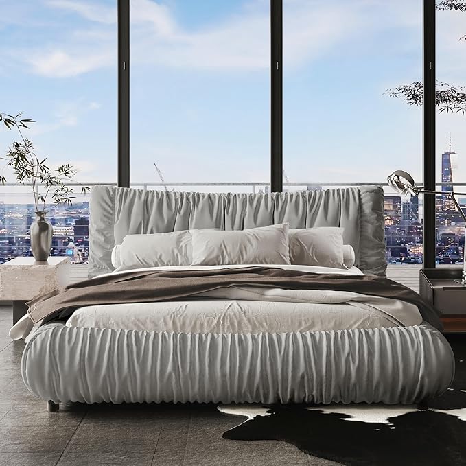 Contemporary Upholstered Bed with Oversized Ruched Headboard, King Size Platform Bed |No Box Spring Needed| Modern Affluent Style Bed for Adult Master Bedroom-Light Grey