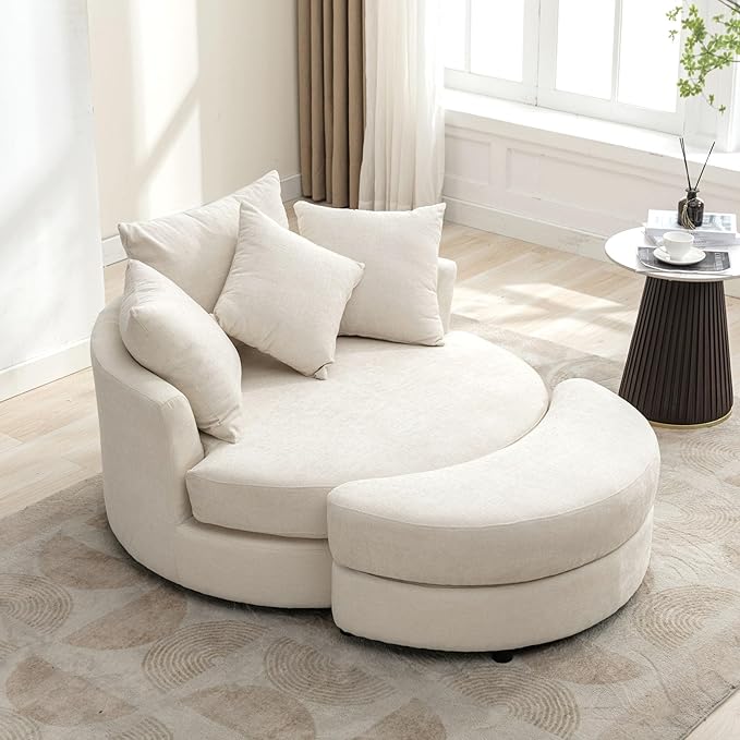DEINPPA Swivel Book Nook Chair with Storage Ottoman and 4 Movable Pillow Backrest, 360° Rotating Round Barrel Sofa Chair for Living Room Hotel Bedroom Office Lounge (Cream + Chenille+ Foam)
