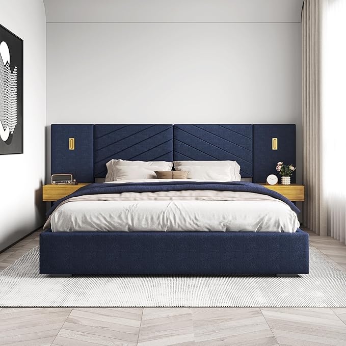 Luxury Bed Frame with Built-in Gold LED Lights and Nightstands, King Size Platform Bed with Oversize Upholstered Headboard, No Box Spring Needed-Royal Blue